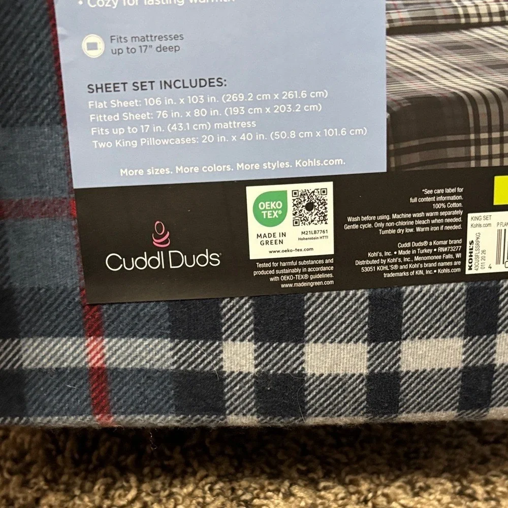 Cuddl Duds Blue and Red Plaid Flannel King Sheet Set Winter Fall GIFT NWT